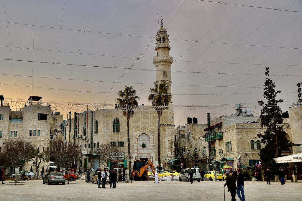 Manger Square in Bethlehem with the Mosque of Omar minaret